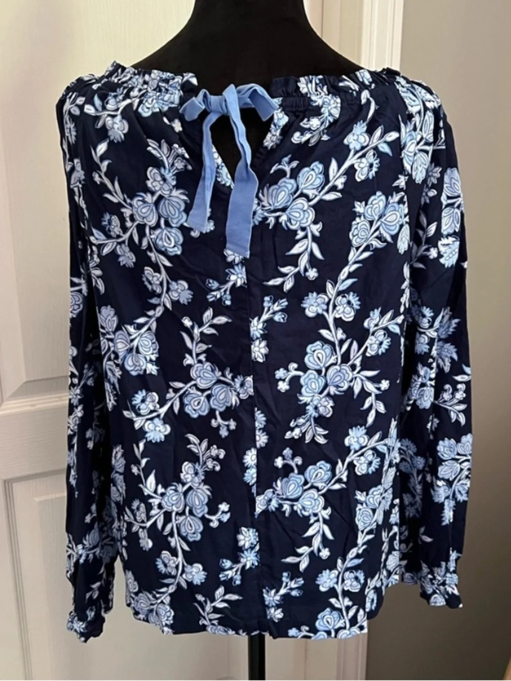 J. Crew Blue and White Puff Sleeve Blouse XL